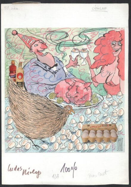 Rau Tibor (1934-2009): Különös szilveszter (karikatúra). Akvarell, ceruza, kollázs, papír, jelzett. Ludas Hírlapban megjelent. Lap teteje papírra kasírozva. 22x21 cm