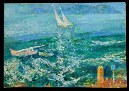 Gulyás Dénes (1927-2003): Vitorlások Balatonföldvárnál (1978-1984). Olaj, farost, jelezve balra lent és jobbra lent, keretben 70×100 cm
