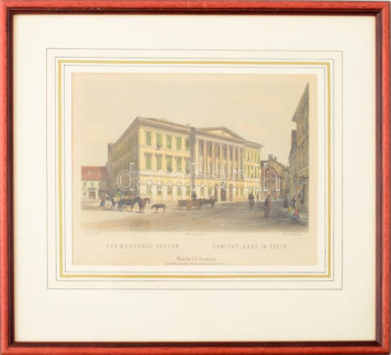 Alt, Rudolf - Franz Xaver Sandmann:Vármegyeház Pesten. Kézzel színezett litográfia, 1853. A lapok a ,,Festői Megtekintések Budára és Pestre" című, eredetileg 24 lapos sorozatban jelentek meg. Kiadta L.T. Neumann, Bécsben. Lapméret 27x20 cm Üvegezett