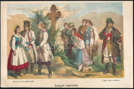 1866 Lengyel népviselet a Képes Világ színezett fametszetes dekoratív melléklete, jó állapotban, 20×29 cm