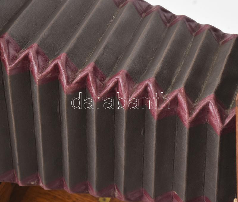 Steinhell műtermi fényképezőgép, állvánnyal. Jelzett, sorszámozott 23987. Ant. Goldmann, Wien pecséttel jelzett, 20x28 cm Eredeti dobozában, kazettákkal, hozzá állvány Fiumei vámpecséttel. Oldalán egy réz alkatrész eltört. - Image 2