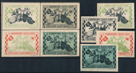 1913 A Debreceni Sakk-Kör Országos Sakkversenye fogazott levélzáró négyestömb + 4 klf vágott levélzáró / label block of 4 + imperforated labels