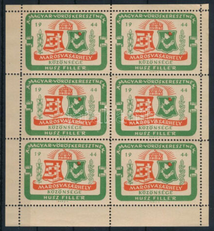 1944 Marosvásárhely közönsége a Magyar Vöröskeresztnek 6 darabos levélzáró kisív, R! / Hungarian Red Cross label minisheet