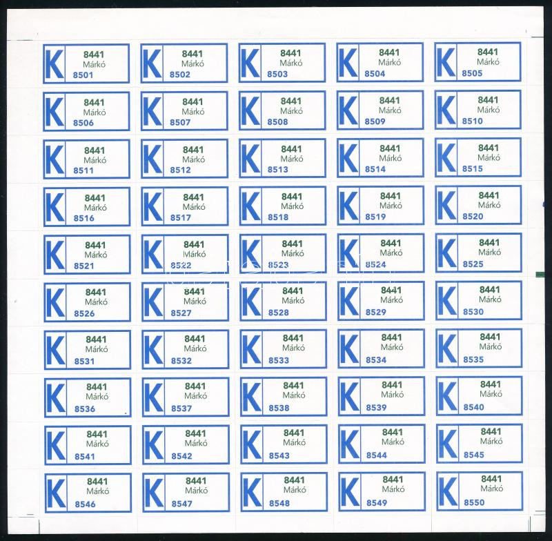 "K" (könnyített) ragjegy teljes ívben / complate sheet of label