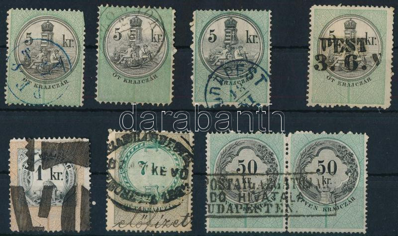 1868-1882 8 db okmánybélyeg postai kezeléssel vagy speciális bélyegzésekkel