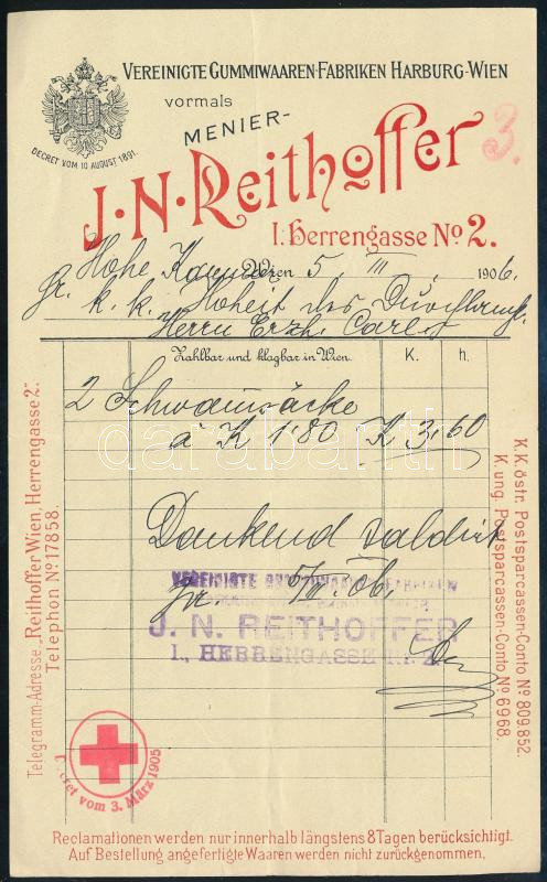 1906 Bécs, J. N. Reithoffer Vereinigte Gummiwaaren-Fabriken által Habsburg Károly számára kiállított fejléces számla