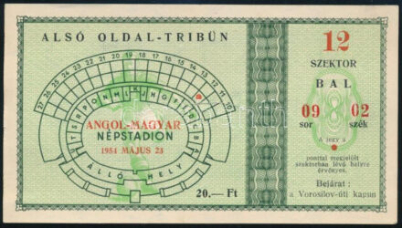 1954 belépőjegy a Népstadionba az Angol-Magyar football-mérkőzésre (a meccs a híres 6:3 visszavágója volt és Magyarország 7:1 arányban nyert).  / Ticket for the football match Hungary vs England. The aftermath of the London triumph of the Golden