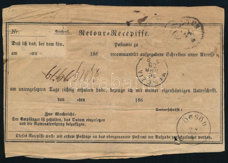 1868 Kossuth Lajos (1802-1894) államférfi (az 1848-49-es forradalom és szabadságharc idején a Batthyány-kormány pénzügyminisztere, a Honvédelmi Bizottmány elnöke, Magyarország kormányzó-elnöke) autográf aláírása tértivevényen (Öcsödről Torinóba neki küldött levélről), 2x5kr bélyeggel, "ÖCSÖD", ill. a hátoldalon "VENEZIA" - "ÖCSÖD" - Image 3