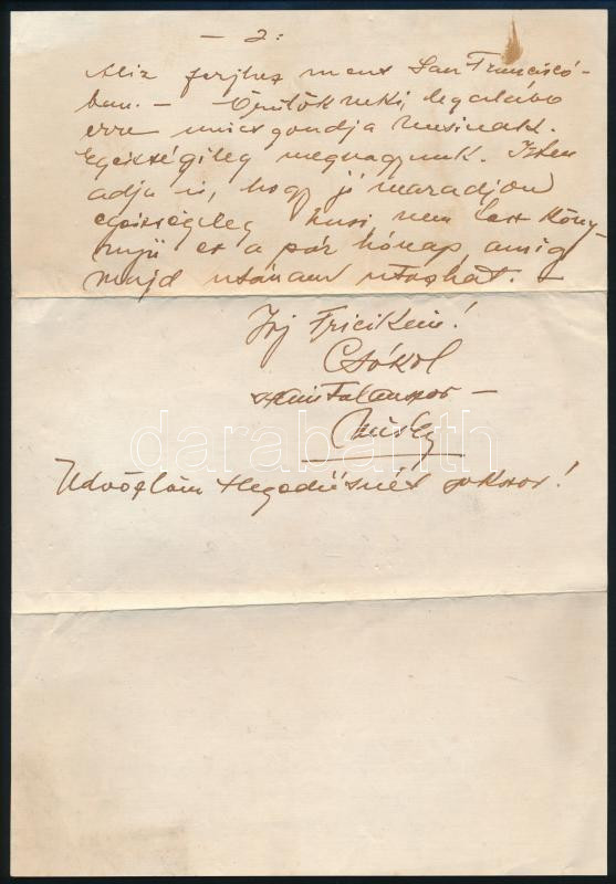 1948 Hollywood, Várkonyi Mihály / Victor Varconi (1891-1976) színész, a némafilmek egyik sztárjának levele Hollywoodból haza testvérének Özv. Hegedűsné Weisz Fridának, "Drága Fricim" megszólítással. Részben gépelt, részben kézzel írt levél, autográf aláírással (Miska), eredeti borítékkal, 2 sztl. lev. / 1948 Hollywood, Letter of Victor Varconi (1891-1976) actor, silent movie actor to his sister. First page typed, the second page is handwritten, with autograph signature, with original envelope, in Hungarian - Image 2
