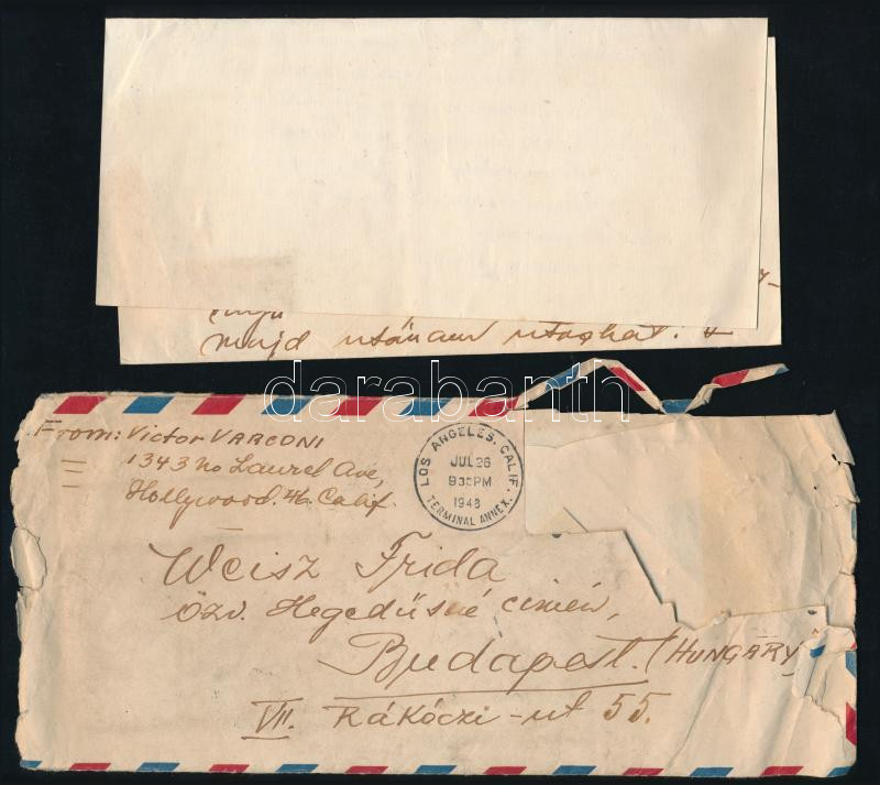 1948 Hollywood, Várkonyi Mihály / Victor Varconi (1891-1976) színész, a némafilmek egyik sztárjának levele Hollywoodból haza testvérének Özv. Hegedűsné Weisz Fridának, "Drága Fricim" megszólítással. Részben gépelt, részben kézzel írt levél, autográf aláírással (Miska), eredeti borítékkal, 2 sztl. lev. / 1948 Hollywood, Letter of Victor Varconi (1891-1976) actor, silent movie actor to his sister. First page typed, the second page is handwritten, with autograph signature, with original envelope, in Hungarian - Image 3