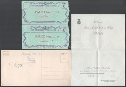 1959 Madrid, Puskás Ferenc labdarúgó aláírása képeslap hátoldalán, kitöltetlen meghívó, 2 db Real Madrid jegy