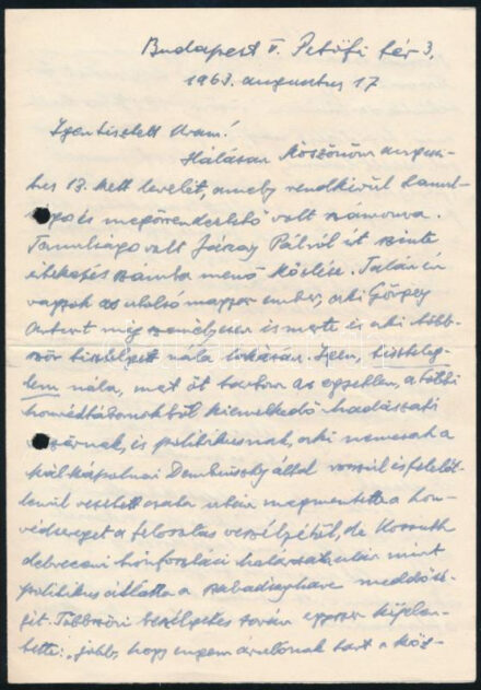 1963 Bp., Germanus Gyula (1884-1979) nemzetközi hírű magyar orientalista autográf levele, benne 1848-1849-es dolgokra, személyekre vonatkozó témákkal is, autográf aláírással, a szélén két lyukkal, 4 beírt oldal, 2 sztl. lev.