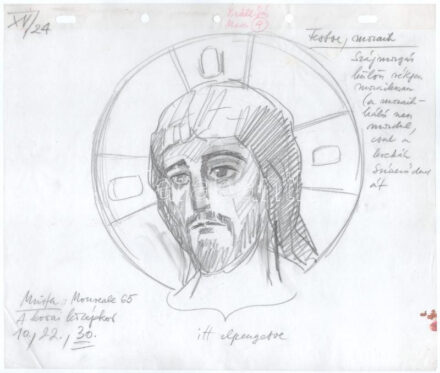 Jankovics Marcell (1941-2021): Jelenet Az ember tragédiája c. 2011-es animációs filmből. JM eredeti rajza autográf feljegyzésével. Ceruza, pausz. 33x30 cm