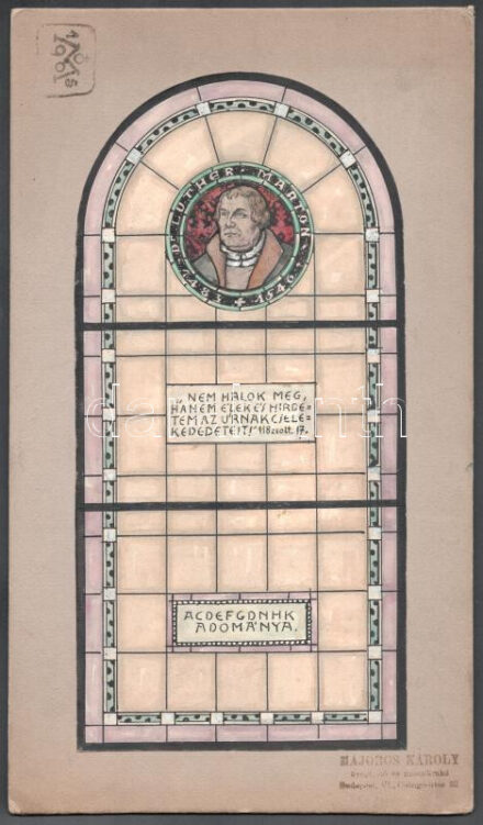 Majoros Károly (1867-) festő, grafikus, üvegfestő (művei pl.: marosvásárhelyi kultúrpalota, az egri székesegyház és budapesti Városmajori templom) tervrajza, vegyes technika, papír, kartonra kasírozva, pecséttel jelzett, 28×13 cm