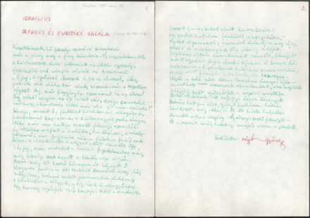 Végh György (1919-1982) költő autográf kézirata. Vergilius fordítás: Orpheus és Euridiké halála. Két beírt oldal, aláírva.