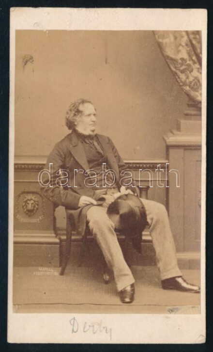 cca 1860-1865 Edward Smith-Stanley, 14th Earl of Derby (1799-1869) brit államférfi, konzervatív politikus, az Egyesült Királyság miniszterelnöke (három alkalommal is), vizitkártya Mayall londoni műterméből, néhány kis felületi sérüléssel, 10,5x6 cm // cca 1860-1865 Edward Smith-Stanley, 14th Earl of Derby (1799-1869) British statesman, Conservative politician, Prime Minister of the United Kingdom (three times), cdv photo from the studio of Mayall in London, with minor surface damage, 10.5x6