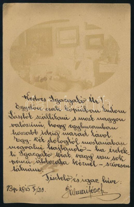 1915 Mednyánszky László (1852-1919) festőművészt ábrázoló fotólap festményeivel, rajta monográfusa Pálmai ( Panegh ) József (1873-?) érdekes autográf szövegével Lőwenstein Arnold a Pallas Irodalmi Rt igazgatójának. "egy-két dologtól mostanában megválni hajlandó - ha érdekli igazgató urat, vagy van sok pénzű áldozata kéznék - szívesen