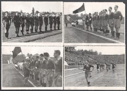 1936 Balkán Kupa, román válogatott, képek a megnyitóról, díszebédről, Mihály trónörökös, stb., 6 db fotó sérülésekkel, hátoldalon feliratozva, 12,5×17,5 cm