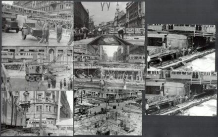 cca 1966 Budapest, villamosok közlekedése a Blaha Lujza téri aluljáró építkezése idején, több kép datált, 13 db vintage fotó, ezüst zselatinos fotópapíron, 9x12 cm
