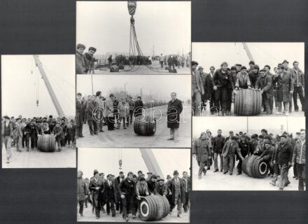 1983 Budapest, hagyományos hordógurítás az Árpád hídon, vállalati ünnepség a felújítás befejezése után, feliratozva, datálva, 6 db vintage fotó, ezüst zselatinos fotópapíron, 9x14 cm
