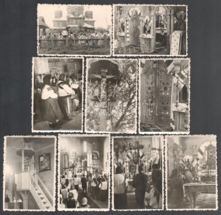 cca 1920-1940 Vorohta / Vorokhta / Worochta ukrán város fotói, köztük a hucul település görögkatolikus fatemplomával, 1944. VII. 16., 9 db fotó, 9x6 cm