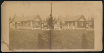 cca 1900 Késmárki Itató étterem, Kezmarské Zlaby (Magastátra, Tátraváros), sztereófotó, sarkán sérüléssel, 9×18 cm