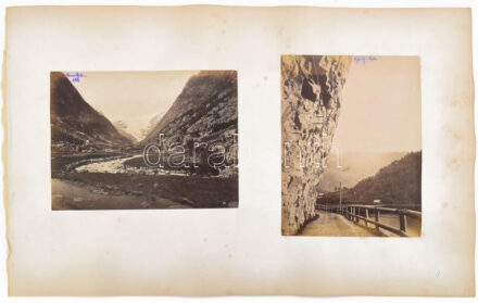 cca 1890-1900 Skandináv látképek és életképek a XIX. század végéről, 4 db fotó: Buerdalen (Odda), utak és vízesés Odda közelében, Latefoss vízesés, fotók kartonon, foltos kartonnal, részben feliratozva, 16x21 cm, 14x18 cm, 13x18 cmx2/  cca 1890-1900 Scandinavian landscapes and images of life from the ent of the XIX. century, 4 pc.: Buerdalen (Odda), roads and waterfall near Odda, Latefoss waterfall, photo on boards, with spotty board, with notices, 18x14