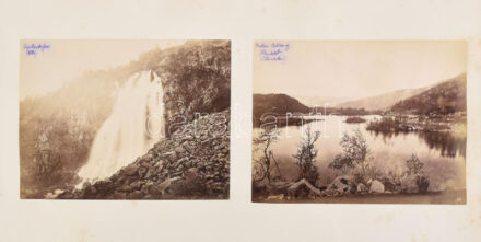 cca 1890-1900 Skandináv látképek és életképek a XIX. század végéről, 3 db fotó: Espelandfoss (Odda), táj Botnen és Haukedalen között (Telemark), norvég templom Telemark megyében, fotók kartonon, foltos kartonnal, feliratozva, az egyik fotó sarkán kis hiánnyal, 14x18 cmx3  cca 1890-1900 Scandinavian landscapes and images of life from the ent of the XIX. century, 3 pc.: Espelandfoss (Odda), the landscape between Botnen and Haukedalen (Telemark), Norwegian church in Telemark county, with spotty board, with notices, with a little lack in the corner of one of the photos, 18x14
