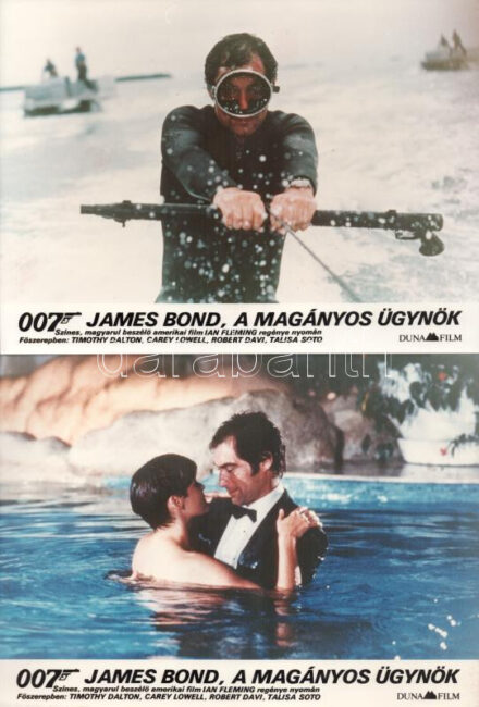 cca 1995 előtt készült, "007 James Bond, a magányos ügynök" című amerikai film jelenetei és szereplői, 7 db vintage produkciós filmfotó (vitrinfotó, lobbyfotó) ezüst zselatinos fotópapíron, a használatból eredő (esetleges) kisebb hibákkal, 18x24 cm