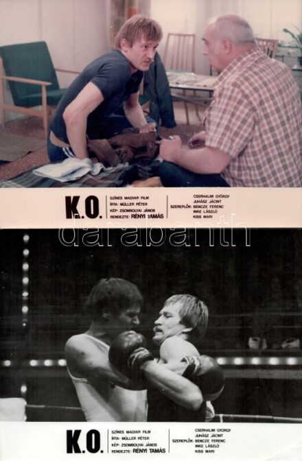 cca 1989 előtt készült, "K.O." című magyar film jelenetei és szereplői, 23 db vintage produkciós filmfotó (vitrinfotó, lobbyfotó) ezüst zselatinos fotópapíron, a használatból eredő (esetleges) kisebb hibákkal, 18x24 cm