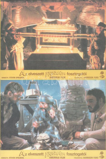 cca 1989 előtt készült, "Az elveszett frigyláda fosztogatói" című amerikai film jelenetei és szereplői, 6 db produkciós filmfotó (vitrinfotó, lobbyfotó) nyomdatechnikával sokszorosítva kartonpapírra, egyoldalas nyomással, a használatból eredő (esetleges) kisebb hibákkal, 18x24
