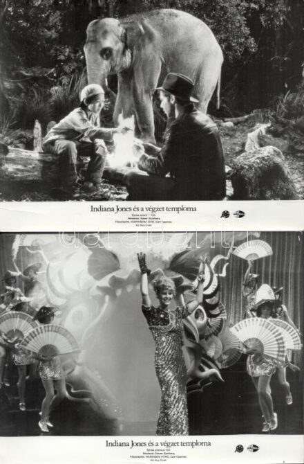 cca 1989 előtt készült, "Indiana Jones és a végzet temploma" című amerikai film jelenetei és szereplői, 7 db vintage produkciós filmfotó (vitrinfotó, lobbyfotó) ezüst zselatinos fotópapíron, a használatból eredő (esetleges) kisebb hibákkal, 18x24 cm