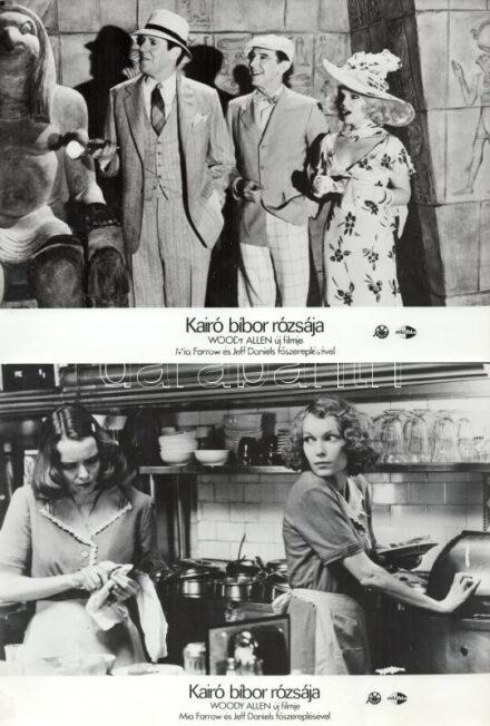 cca 1989 előtt készült, "Kairó bíbor rózsája" című amerikai film jelenetei és szereplői, 8 db vintage produkciós filmfotó (vitrinfotó, lobbyfotó) ezüst zselatinos fotópapíron, a használatból eredő (esetleges) kisebb hibákkal, 18x24 cm