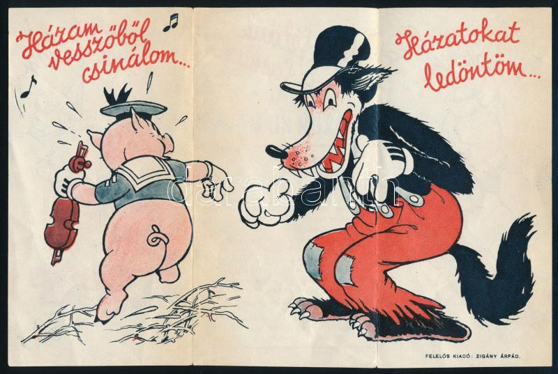 cca 1935 Walt Disney: A három kismalac c. rajzfilm könyvváltozatának magyar kiadását reklámozó színes prospektus. Bp., Pallas-ny., jó állapotban, kihajtva: 13x20 cm - Image 3