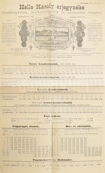 1893 Helle Károly pozsonyi (Felvidék) tömlő-hajtószíj és kötélverőgyár nagyméretű, kétoldalas termékárjegyzéke a gyár fametszetes látképével magyar és német nyelven, hajtva, szép állapotban, 47×29,5 cm