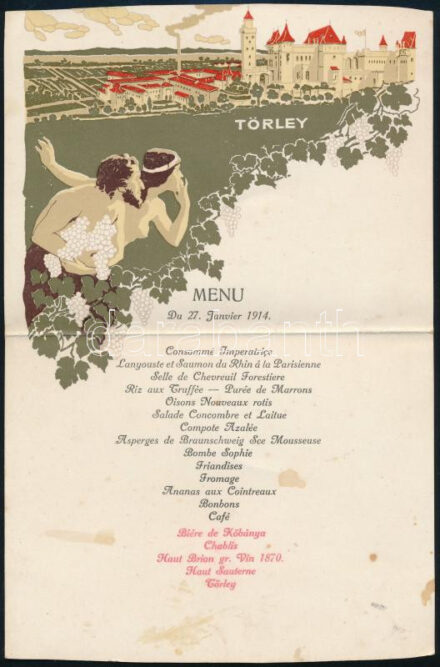 1914 Törley szecessziós menükártya, 1914 jan. 27., francia nyelvű menüsorral, rajta izgalmas italokkal (Chablis, Haut Brion gr. Vin 1870., Haut Sauterne), a fejléces a Törley-kastéllyal és gyárral, színes litográfia, vágott felső és alsó szélekkel, foltos, 23x15
