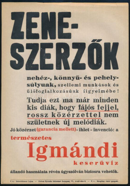 "Zeneszerzők [...]" Igmándi természetes keserűvíz kisplakát, 24×17 cm