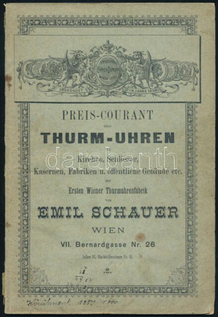 cca 1894-1900 Preis-Courant über Thurm-Uhren für Kirchen, Schlösser, Kasernen, Fabriken und Öffentlcihe Gebäude etc. Ersten Wiener Thurmuhrenfabrik von Emil Schauer. [Emil Schauer Első Bécsi Toronyóragyár Templomok, kastélyok, laktanyák, gyárak és középületek stb. toronyóráinak árjegyzéke.] Wien, é.n ,(Erste Wiener Vereins-Buchdruckerei-ny.), 60 p. Német nyelven. Gazdag képanyaggal illusztrált. Kiadói papírkötés, szakadt, kissé foltos borítóval, a borítón bejegyzéssel és