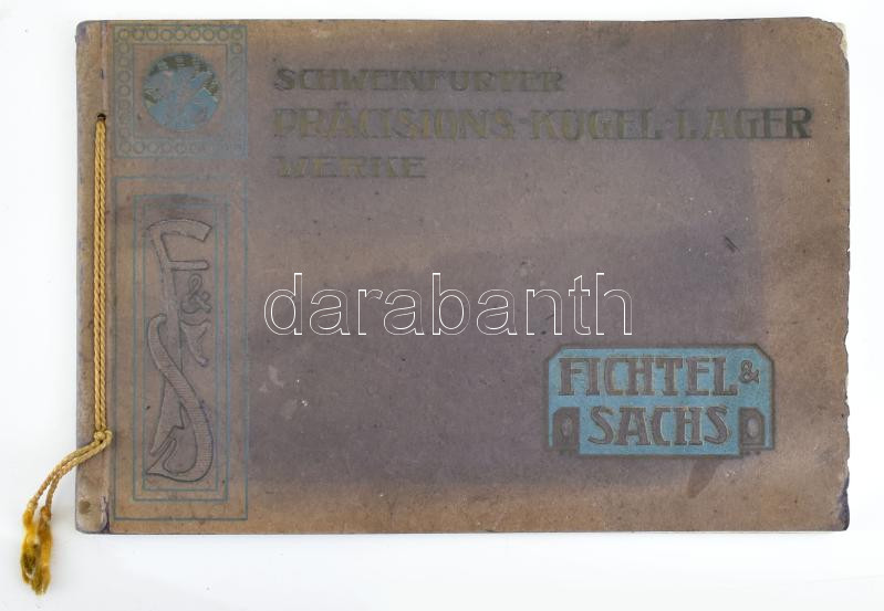 cca 1910 Schweinfurter Präzisions- Kugel-Lager-Werke Fichtel & Sachs Schweinfurt a. M. Fichtel & Sachs gólyóscsapágy-gyár áruminta katalógusa, árjegyzéke, motorkerékpár és automobil alkatrészek is. Schweinfurt a. M., én., Fichtel & Sachs, 95 p. Német nyelven. Fekete-fehér egészoldalas és szövegközti fotókkal illusztrált. Kiadói szecessziós haránt-alakú, zsinórfűzött papírkötés, kopott, kissé sérült borítóval, foltos címlappal, a füzet végén kis lapszéli