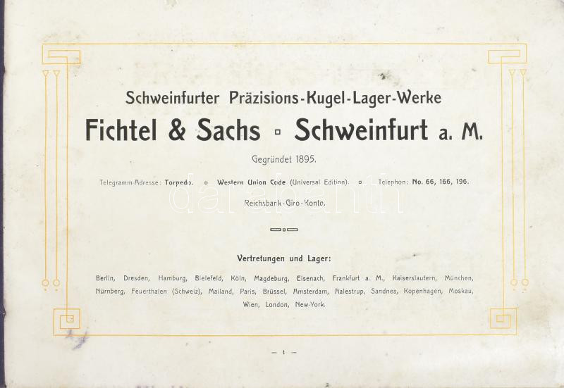 cca 1910 Schweinfurter Präzisions- Kugel-Lager-Werke Fichtel & Sachs Schweinfurt a. M. Fichtel & Sachs gólyóscsapágy-gyár áruminta katalógusa, árjegyzéke, motorkerékpár és automobil alkatrészek is. Schweinfurt a. M., én., Fichtel & Sachs, 95 p. Német nyelven. Fekete-fehér egészoldalas és szövegközti fotókkal illusztrált. Kiadói szecessziós haránt-alakú, zsinórfűzött papírkötés, kopott, kissé sérült borítóval, foltos címlappal, a füzet végén kis lapszéli - Image 2