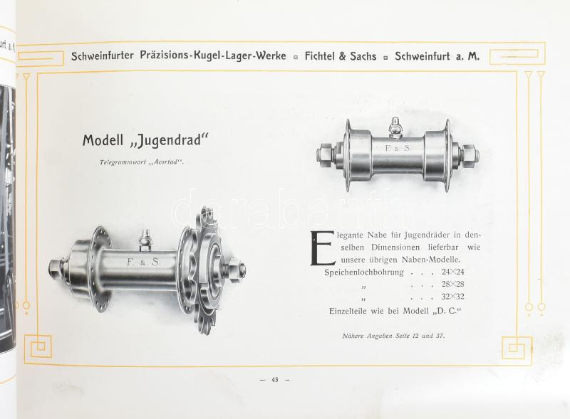 cca 1910 Schweinfurter Präzisions- Kugel-Lager-Werke Fichtel & Sachs Schweinfurt a. M. Fichtel & Sachs gólyóscsapágy-gyár áruminta katalógusa, árjegyzéke, motorkerékpár és automobil alkatrészek is. Schweinfurt a. M., én., Fichtel & Sachs, 95 p. Német nyelven. Fekete-fehér egészoldalas és szövegközti fotókkal illusztrált. Kiadói szecessziós haránt-alakú, zsinórfűzött papírkötés, kopott, kissé sérült borítóval, foltos címlappal, a füzet végén kis lapszéli - Image 3