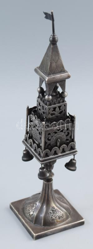Ezüst (Ag) besamin tartó. cca 19. sz. második fele, 13 latos jelzés, mesterjegy, m: 27,5 cm, 251g