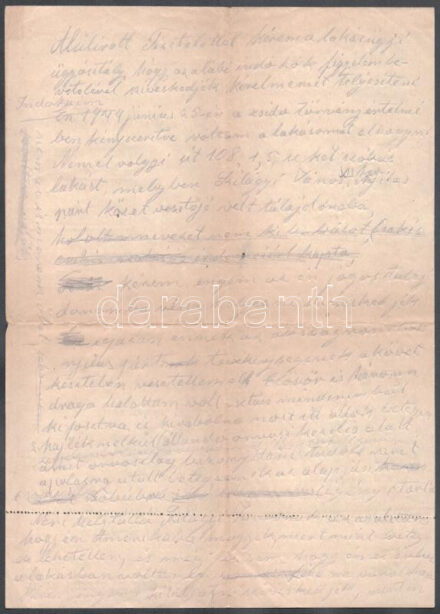 1910-1946 Zsidó-család irathagyatéka, benne kézzel írt Nyilas uralom alatt elvett lakás visszaszerzésére irányuló kérelemmel, részben géppel írt, kézzel írt leltárral, Magyar Zsidók Szövetsége Lakáshivatal lakás beutaló okmány (1944. jun. 23.), Magyar Zsidók Szövetsége be- és kijelentőlap (lakás,1944. jún. 23.), nőiszabó igazolvány (1946), vöröskereszt bronz díszérem adományozó okirat (1917), sérült népfölkelési okirat (1917), Budapest-Főváros I. ker. Elöljárósága Nyilvántartó Hivatala igazolványi lap (1920), Budapesti Kereskedelmi és Iparkamara igazolvány, változó állapotban, közte sérült
