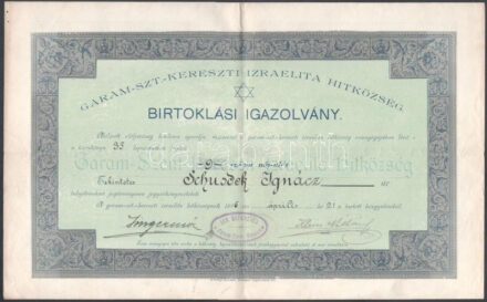 1896 A garamszentkereszti (Felvidék) izraelita hitközség által kiállított, a helyi zsinagóga 9. sz. női-ülésének birtoklási igazolványa, aláírva, pecsételve, hajtva, szép állapotban, 21×34 cm