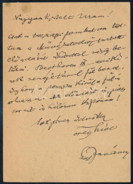 1936 Szeged, Lőw Immánuel (1854-1944) magyarországi zsidó hittudós, 1878-tól haláláig, 66 éven keresztül szegedi főrabbi autográf köszönő sorai Gerő Ödön (1863-1939) íróhoz, szerkesztőhöz, a Pester Lloyd műkritikusához, amelyben megköszöni neki a művészetekről tartott előadását. Levelezőlapon, Lőw Immánuel autográf aláírásával. / Immanuel Löw, rabbi of Szeged in Hungary, autograph signature on a letter to famous Hungarian journalist of Jewish Origin Ödön Gerő (born