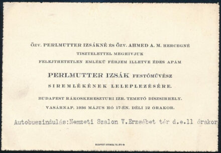 1936 Meghívó Perlmutter Izsák festőművész síremlékének leleplezésére, Budapest Rákoskereszturi Izraelita Temető díszsírhely