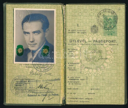 1938-39 Éri-Halász Imre (1900-1945?) író, újságíró, fényképes magyar útlevele, francia vízummal, okmánybélyegekkel és bélyegzésekkel, valamint jugoszláv és olasz bélyegzésekkel, kissé kopott és gerincén kissé sérült vászonkötésben. Éri-Halász Imre a Reggel című lapnak volt a munkatársa az 1920-as években, majd számos sikeres színmű szerzőjeként vált ismertté. A legismertebb az Egy csók és más semmi, amelyet 1941-ben került a mozikba. A vészkorszak idején Keresztúry Dezső talált számára búvóhelyet ismerőseinél, Zalaegerszegen. Éri-Halász Imre azonban nem sokáig bírta idegekkel. Vagy a feljelentéstől félt, vagy attól, hogy rejtegetőit hozza veszélybe, feladta magát a németeknek. Ettől kezdve nyoma veszett. Halálának körülményei ismeretlenek, feltehetően 1945 január végén Zalaszentgróton ölték
