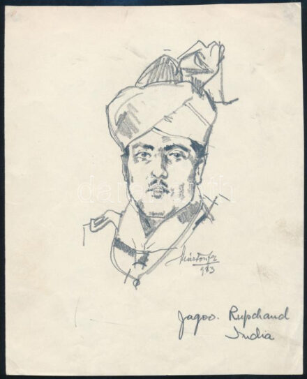 Márton Ferenc (1884-1940): 1933 J. Rupchand indiai főcserkész aláírt portréja az 1933-as Gödöllői Jamboreeról. Ceruza, papír. jelzett, 21×16 cm /   Ferenc Márton (1884-1940): 1933 signed portrait of Indian Chief Scout J. Rupchand from the 1933 Gödöllő Jamboree. Pencil, paper. marked, 21×16