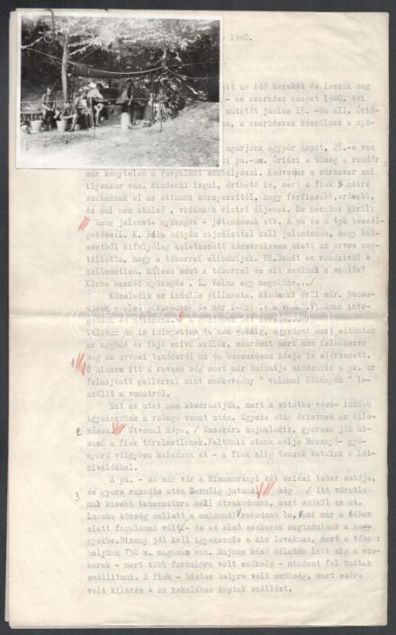 1940 Lucska (Felvidék, rozsnyói járás), tábor beszámoló ünnep, magyarországi cserkészek tábori élményeiről, az ottani környezetről készített, gépelt, kézzel kiegészített beszámoló, jó állapotban, 1 db fotóval, 6p