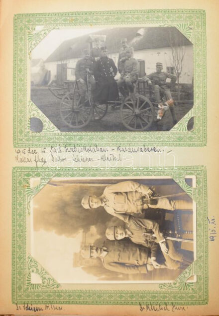 ca 1880-1930 Nagyrészt katonai témájú fotó gyűjtemény: Michael Füger bajor királyi altábornagy, hadügyi titkos tanácsos kabinetfotója 1896, fia a cs. kir 25. gyalogezred szakaszvezetője, valamint a leszármazott I. világháborús képei 75 db katonai témájú + 20 db boszniai, londoni útról illetve cserkészeket ábrázoló fotó korabeli albumban, feliratozva magyar nyelven. /   ca 1880-1930 Largely military-themed photo collection: cabinet photo of Michael Füger, Bavarian Royal Lieutenant General, Privy Councilor for War Affairs, 1896, his son, platoon leader of the 25th Infantry Regiment of the Royal Hungarian Army, and his descendants' World War I photos 75 military-themed + 20 photos from Bosnia, London and Boy